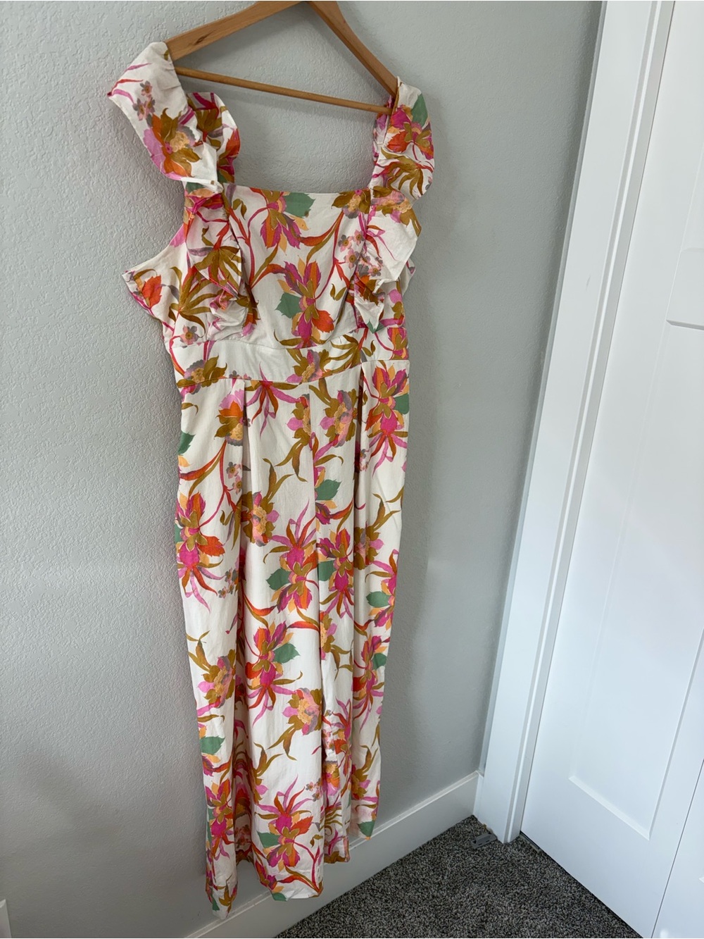 Taylor XL Floral Ruffle Wide Leg Cropped Jumpsuit Tropical Cotton - Picture 2 of 15